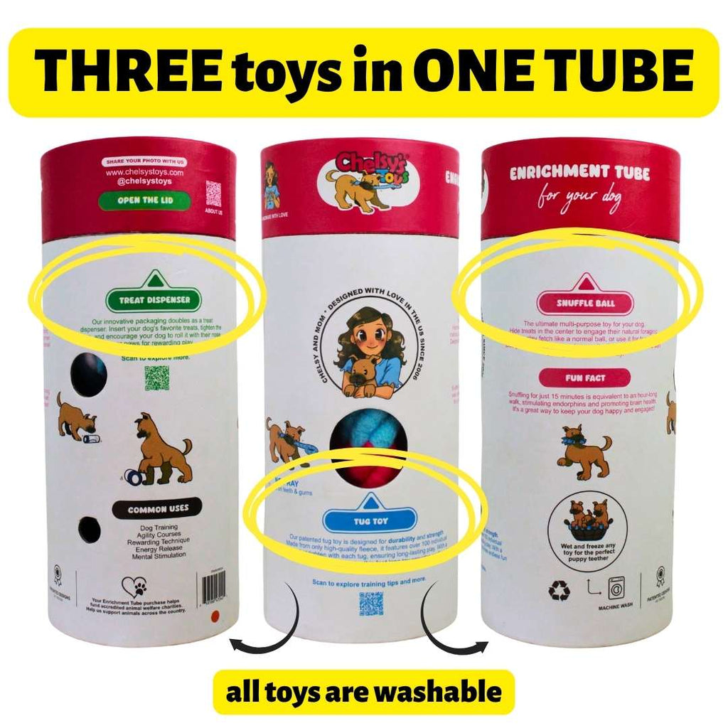 3-in-1 Dog Enrichment Tube: Tug Toy, Treat Puzzle & Snuffle Ball