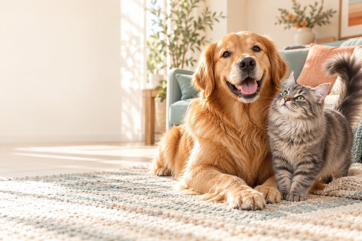 A golden retriever and gray tabby cat relaxing together in a bright home